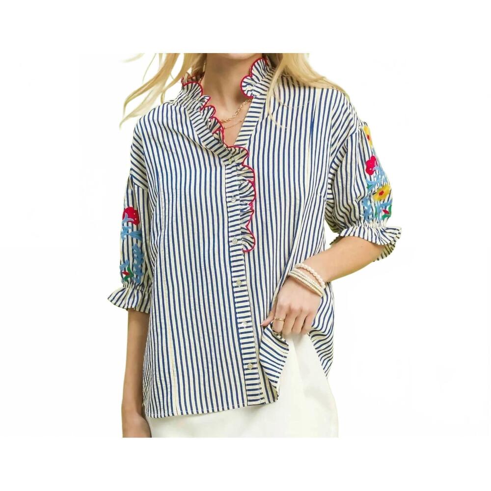 NEW STYLE USA embroidered ruffle trim stripe blouse in blue